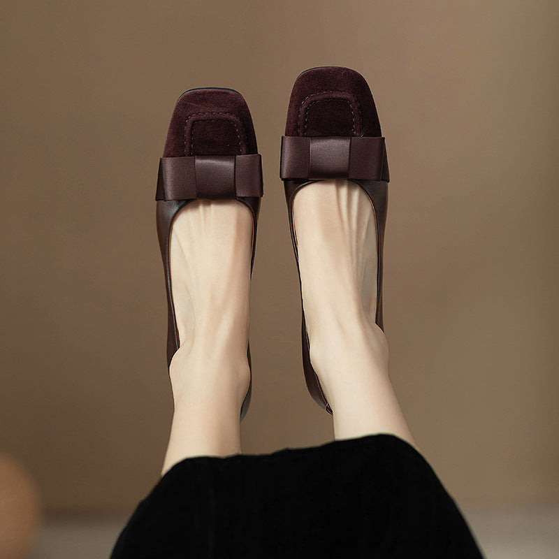 French style color-blocking high heels for women2024Spring and Autumn New Style Chunky Heel Bow Retro Mid-Heel Single Shoes
