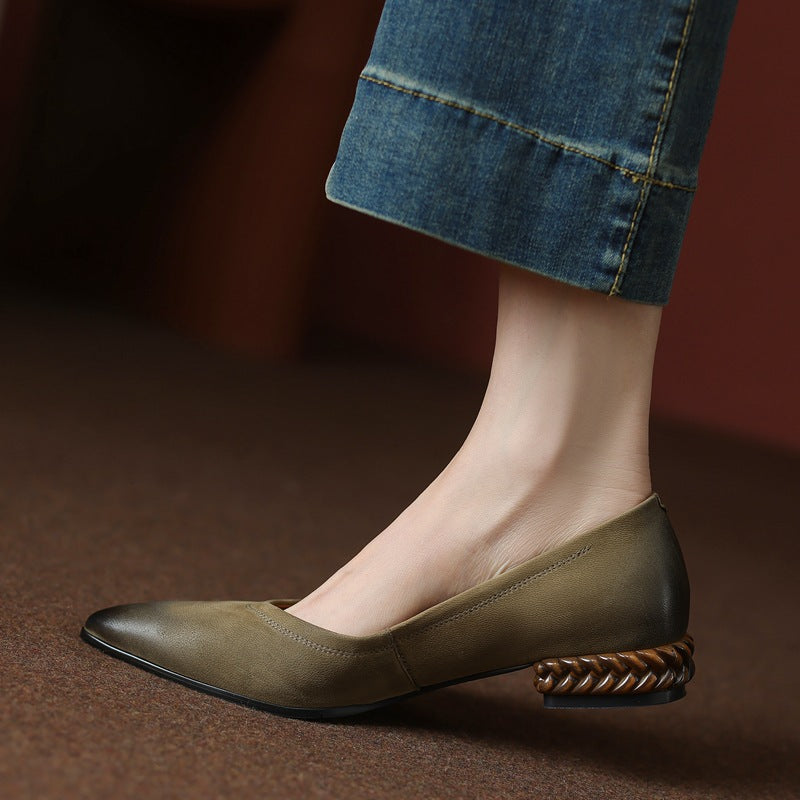 French Retro Color-Washed Pointed Toe Shallow Mouth Women's Shoes2023Spring new style comfortable soft leather thick heel low heel shoes