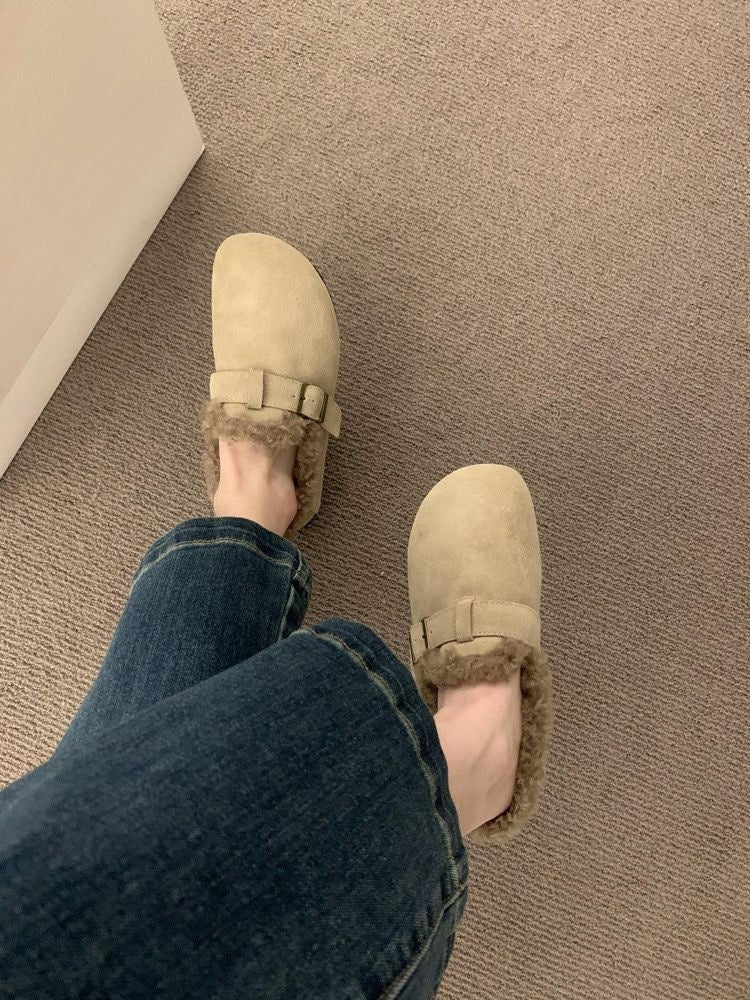 Japanese Mori Girl Style Retro Soft Leather Birkenstock Shoes for Women with Fleece Lining2024Autumn and Winter New Style Height-Increasing Warm Cotton Loafers