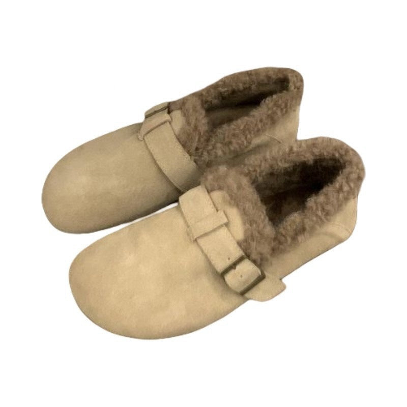 Japanese Mori Girl Style Retro Soft Leather Birkenstock Shoes for Women with Fleece Lining2024Autumn and Winter New Style Height-Increasing Warm Cotton Loafers