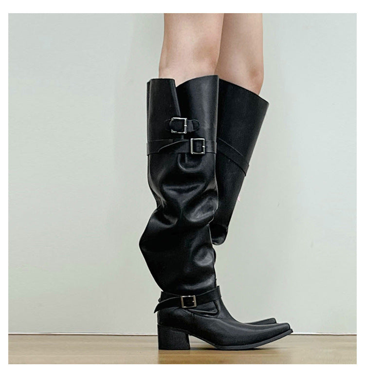 Korean Style Large Tube Pile Boots for Women with Chunky Heels, Over-the-Knee Boots2024Autumn Belt Buckle Western Boots Fashion Long Boots