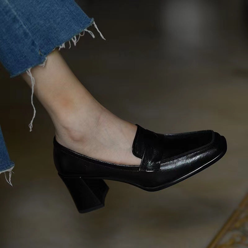 Women's Autumn Chunky High Heels2023New Black British Style Loafers Elegant Square Toe Single Shoes
