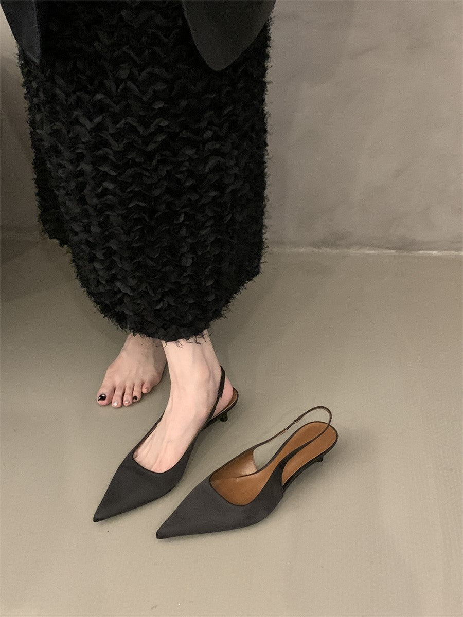 Niche high-end closed-toe sandals for women2024New Spring and Autumn Style Thin Heel Comfortable Pointed Toe Backless Single Shoes