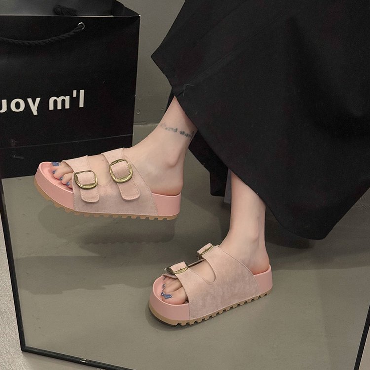 Solid Color Rubber Mid Heel(3-5cm)Platform Sole Suede Slippers
