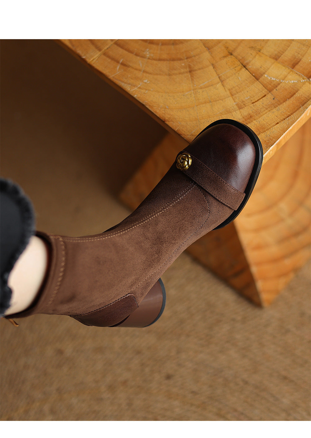 Patchwork Suede Camellia High Heel Chunky Heel Short Boots for Women Stretch Slim Boots Plus Size