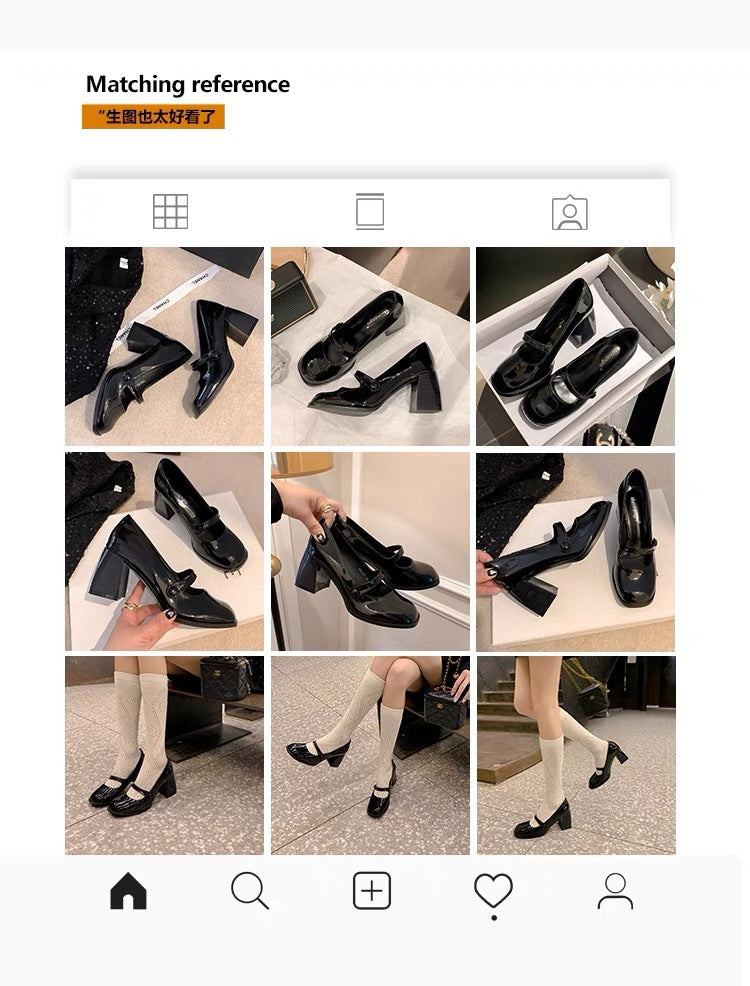 Mary Jane High Heels2023New Year's New Small Thick Heel French Style One-Strap Retro Single Shoes