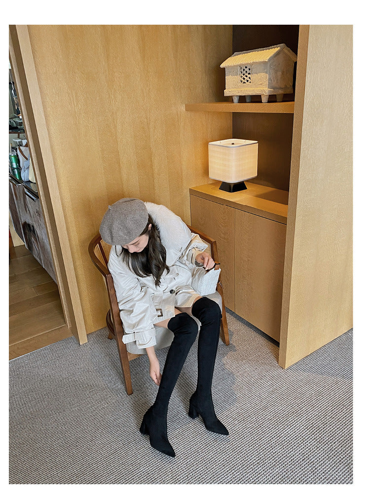 Long Boots for Women, Stretch Long Boots, Pointed Toe High Heel Boots, Over-the-Knee Boots, Suede High Boots, Khaki Color