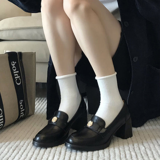 Camellia Loafers for Women2024New French Style Chunky Heel Black High Heel British Style Small Leather Shoes