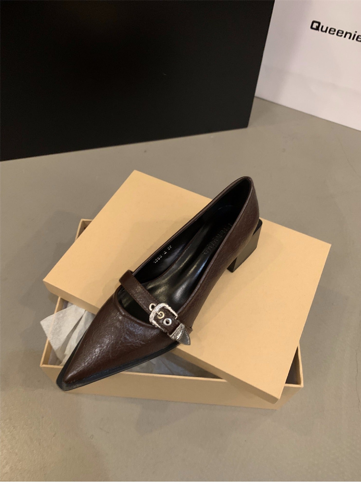 French Style Mary Jane Leather Shoes for Women2024New Spring Autumn Winter Black Pointed High Heels Single Shoes
