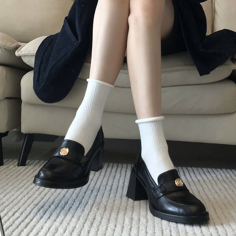 Camellia Loafers for Women2024New French Style Chunky Heel Black High Heel British Style Small Leather Shoes