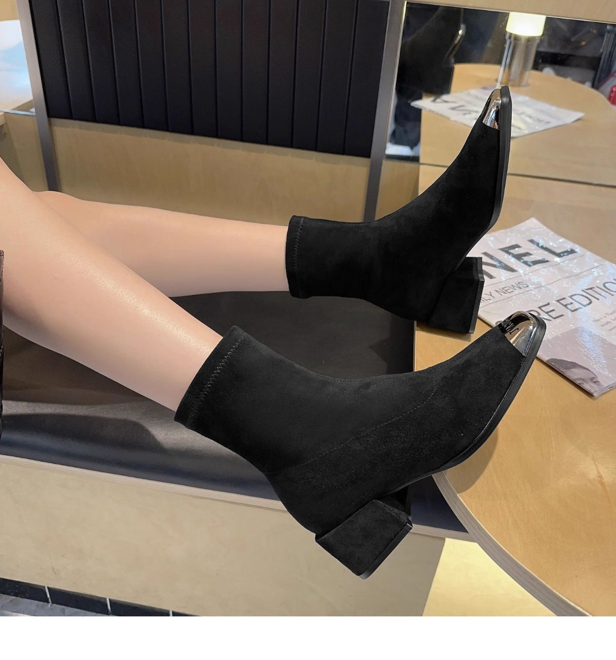Women's Suede Ankle Boots2024Autumn New Fashionable Chunky Heel Metal Square Toe Mid-Heel Stretch Slim Sock Boots