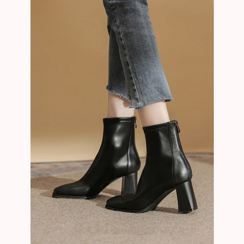 Women's White Martin Boots2024New Spring and Autumn Thick Heel Short Boots British Style Women's Slim Winter Fleece Boots