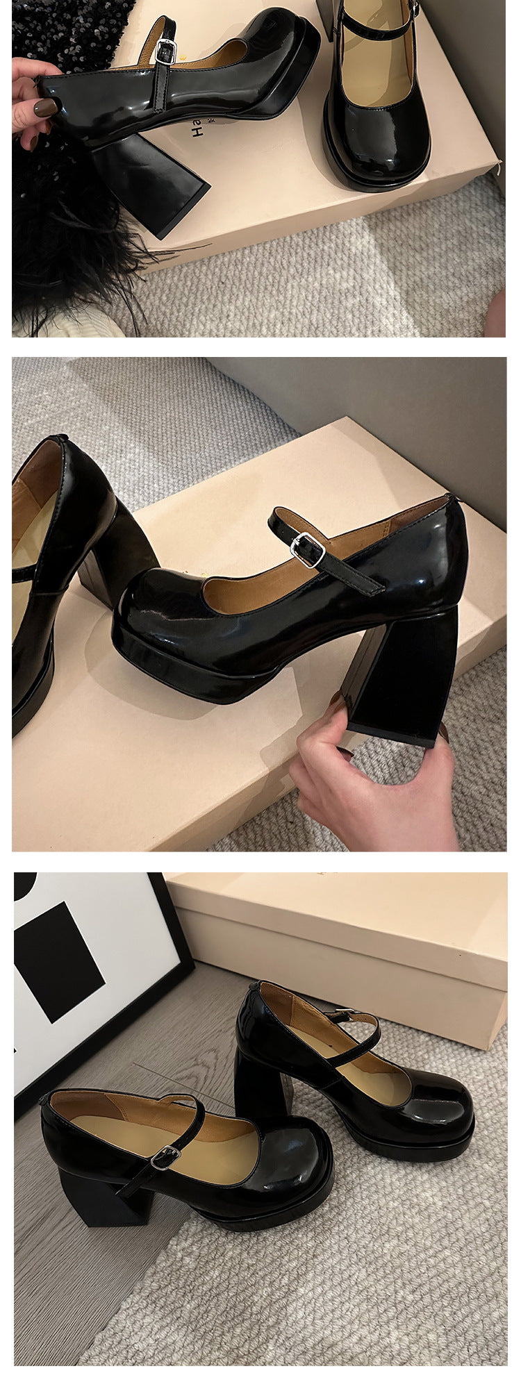 Black thick high heels2023New Style One-Strap Mary Jane Shoes Shallow Mouth Single Shoes for Women Round Toe