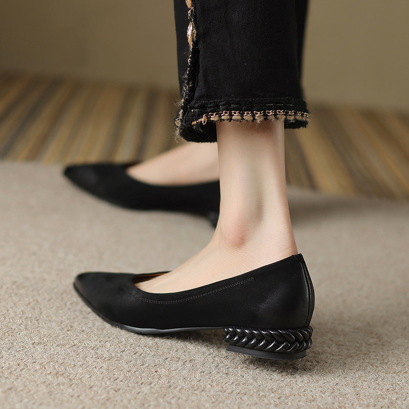 French Retro Color-Washed Pointed Toe Shallow Mouth Women's Shoes2023Spring new style comfortable soft leather thick heel low heel shoes