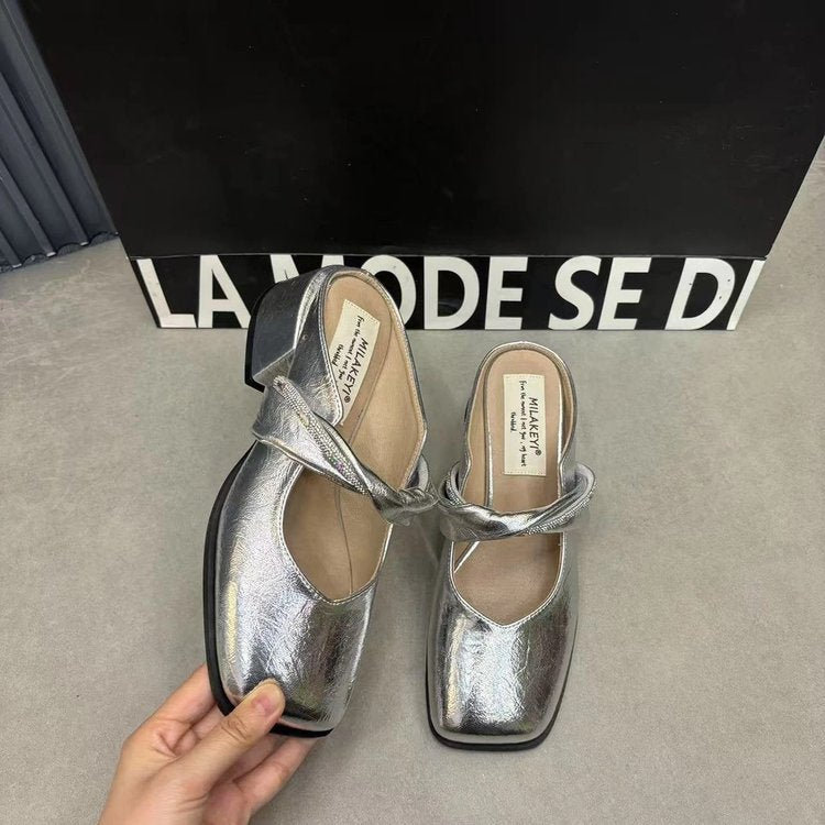 Middle Heel(3-5cm)Rubber Slippers PU Closed-Toe Square Heel