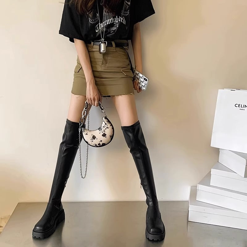 Over-the-Knee Long Boots for Women, French Style High Boots, Leg-Wrapping Elastic Slim Boots, Thick-Soled Leather Boots, Riding Boots