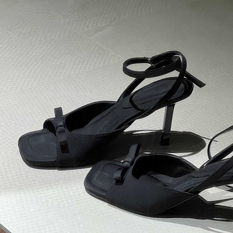 Ankle Strap silver Satin Bow High Heel Sandals Thin Heel Open Toe Women's Sandals Elegant