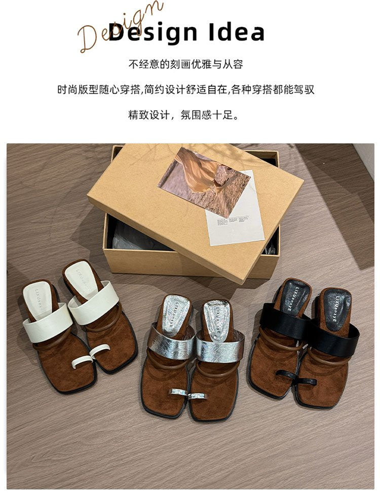 Rubber PU Medium Heel Flat Toe Slippers