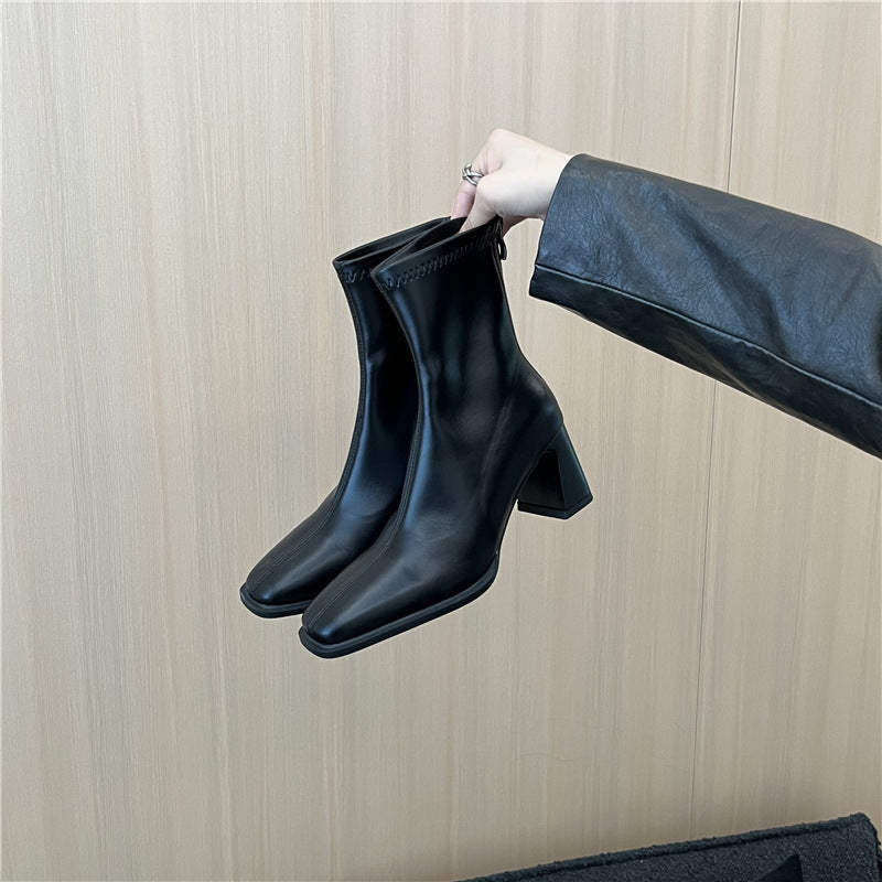 High Heel Slim Boots for Women Little Fairy2024New Year's Thick Heel Chimney Boots Internet Celebrity Fashion Chelsea Short Boots