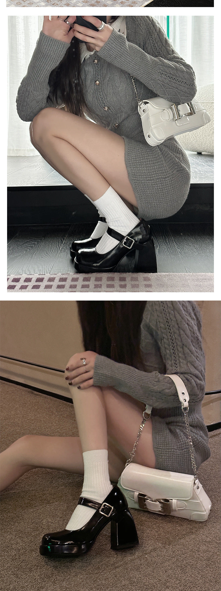 Black thick high heels2023New Style One-Strap Mary Jane Shoes Shallow Mouth Single Shoes for Women Round Toe