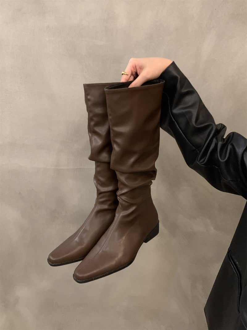 Chunky Heel Ruched Slouchy Long Tube Riding Boots for Women2024New Spring and Autumn Western Slim Mid-Calf Long Boots