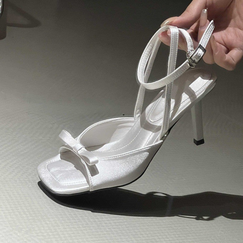Ankle Strap silver Satin Bow High Heel Sandals Thin Heel Open Toe Women's Sandals Elegant