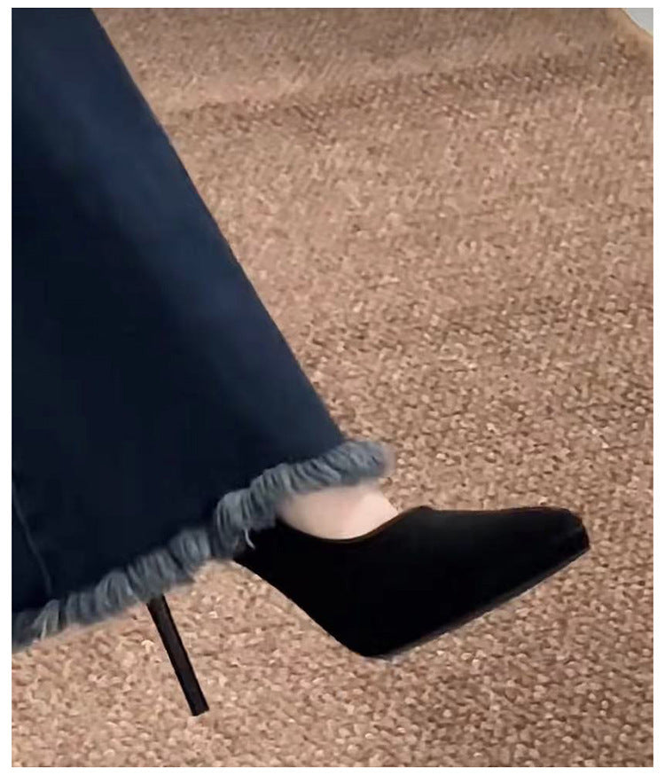 2024Autumn French Style Black Suede Pointed Toe Stiletto Thick Sole Waterproof Platform High Heels for Women, Unique Design, Suitable for Dresses, Single Shoes