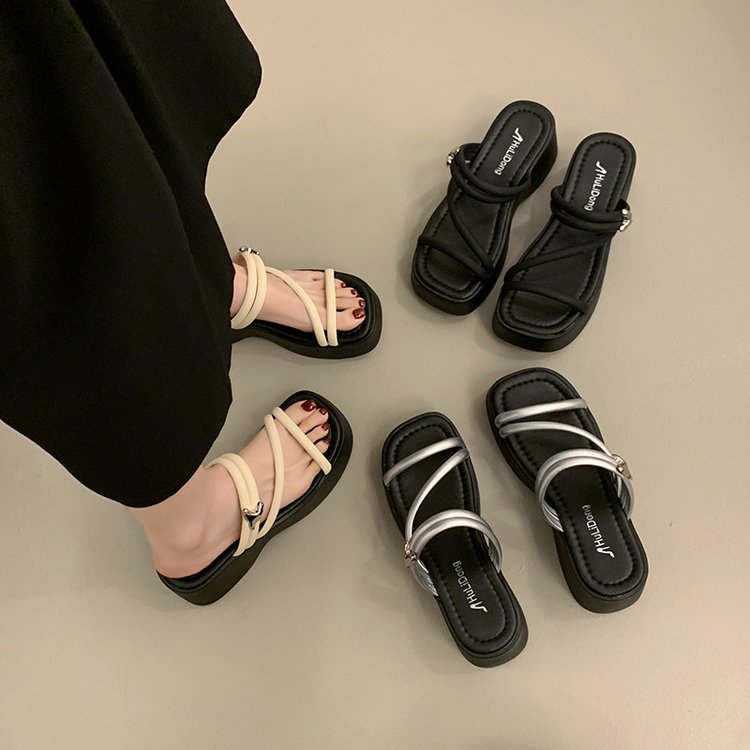 Solid Color Platform Sole Slippers PU Rubber mid-heel(3-5cm)
