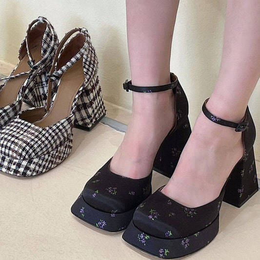 Yu Shuxin Style White High Heels Chunky Heel Petite Vintage Shoes Waterproof Platform Mary Jane Shoes