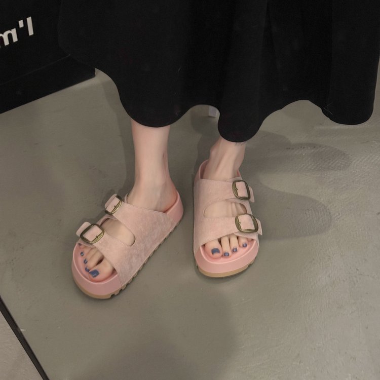 Solid Color Rubber Mid Heel(3-5cm)Platform Sole Suede Slippers