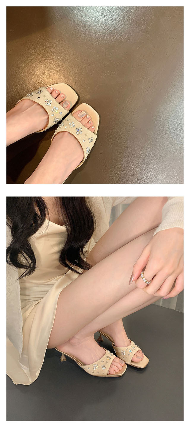 French Style Square Toe One Strap High Heels Petal Rhinestone Satin Kitten Heel Sandals for Women Summer Outdoor Wear
