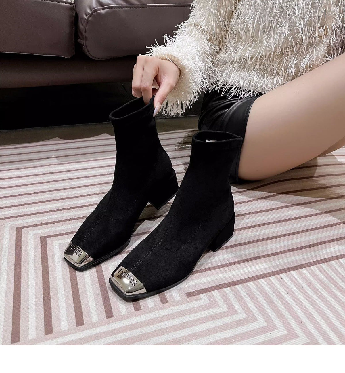 Women's Suede Ankle Boots2024Autumn New Fashionable Chunky Heel Metal Square Toe Mid-Heel Stretch Slim Sock Boots