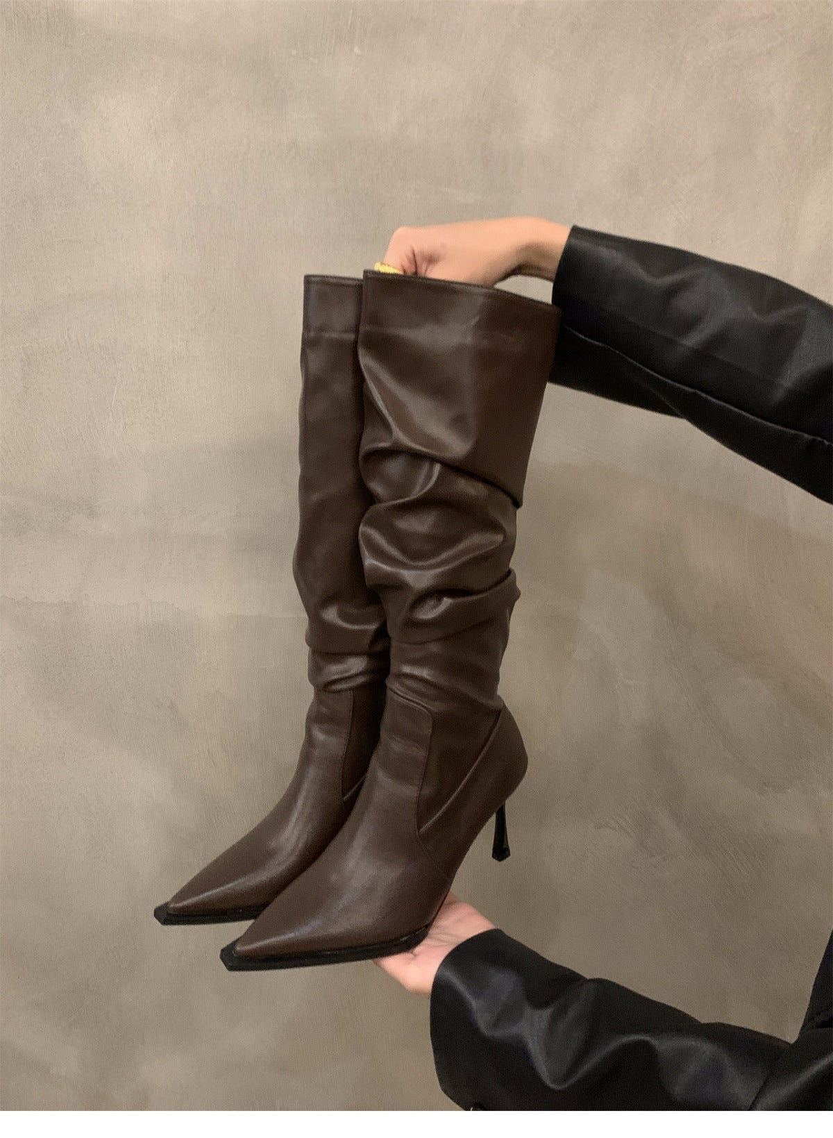 High Heel Pointed Toe Pile Long Boots Women's Shoes2024New Autumn and Winter White Slim Thin Heel Knight Mid-Length Boots