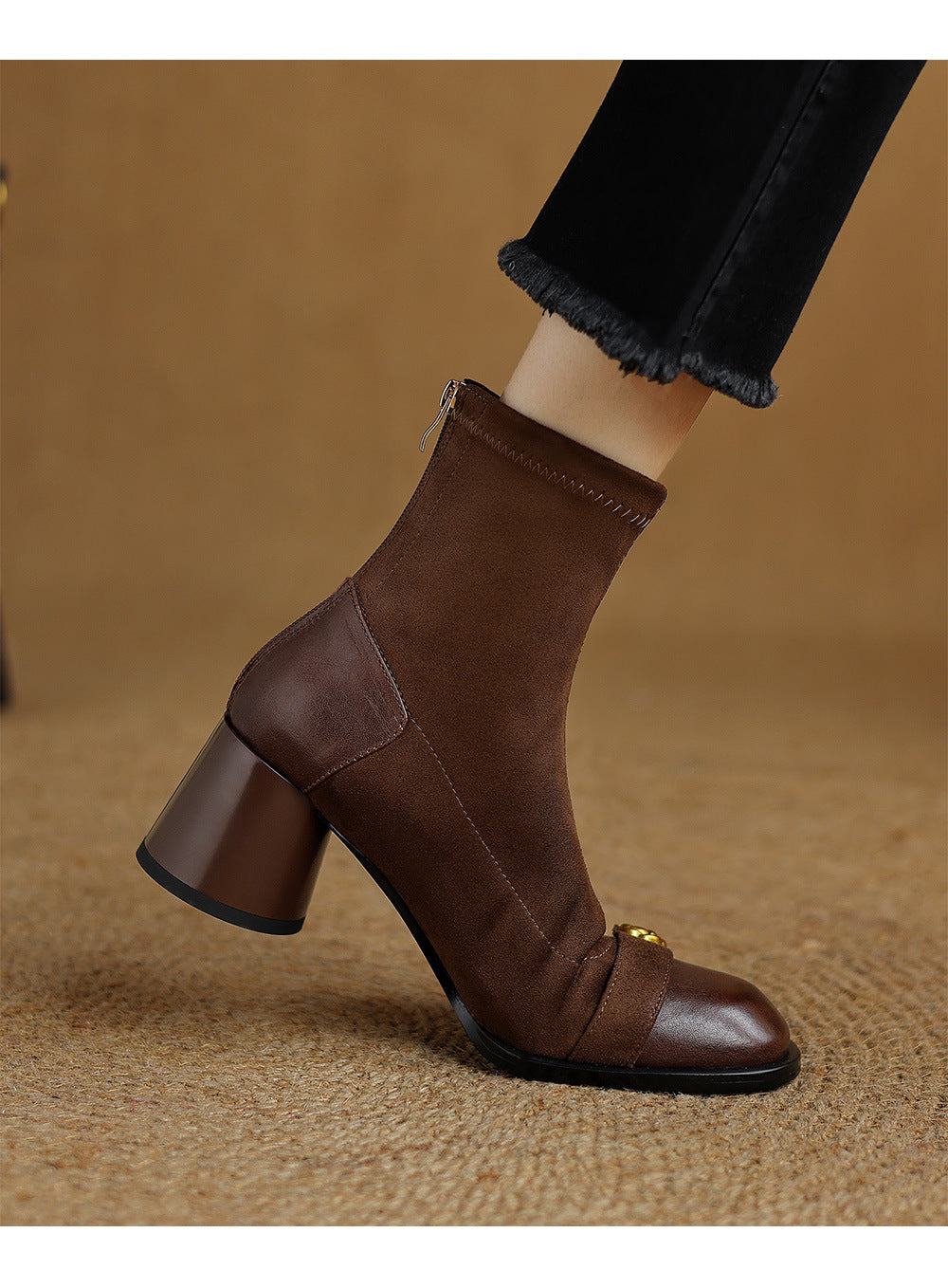 Patchwork Suede Camellia High Heel Chunky Heel Short Boots for Women Stretch Slim Boots Plus Size