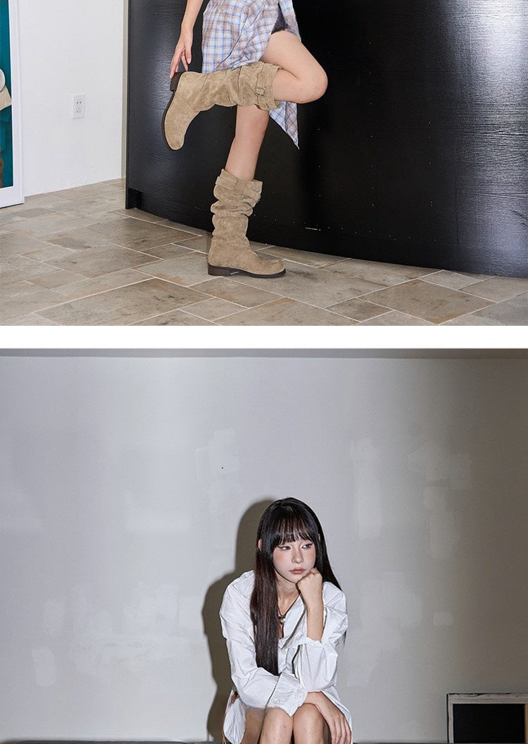 Long Boots for Women Retro Western Cowboy Boots Two-Way Short Boots Chunky Heel Riding Boots Ruched Slouch Boots