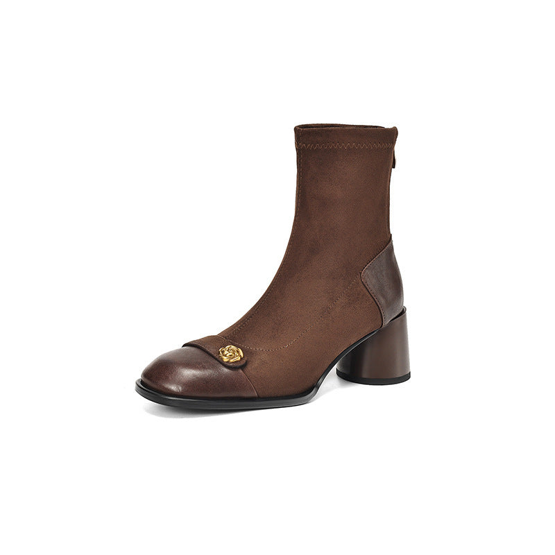 Patchwork Suede Camellia High Heel Chunky Heel Short Boots for Women Stretch Slim Boots Plus Size