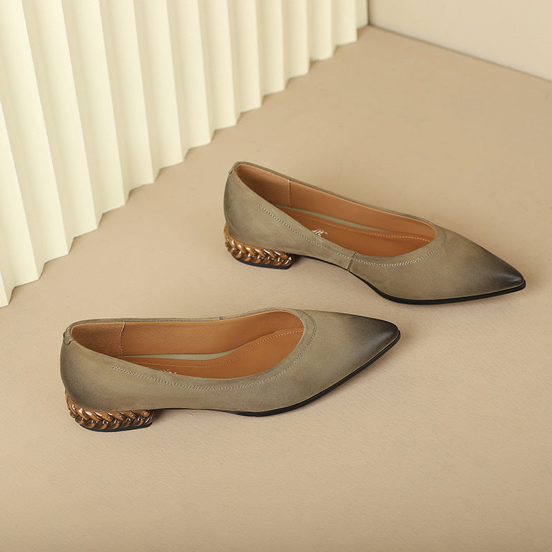 French Retro Color-Washed Pointed Toe Shallow Mouth Women's Shoes2023Spring new style comfortable soft leather thick heel low heel shoes
