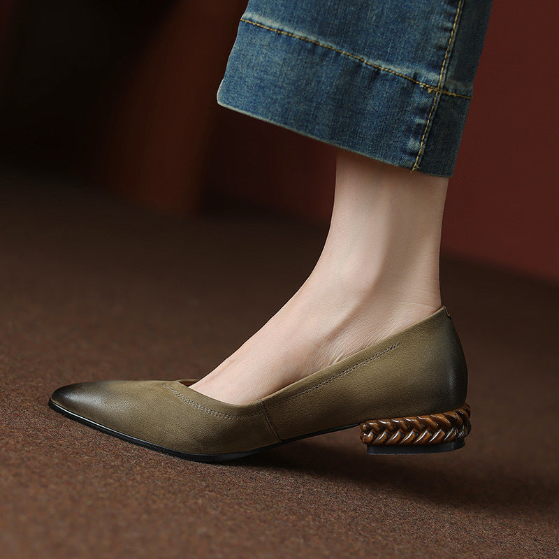 French Retro Color-Washed Pointed Toe Shallow Mouth Women's Shoes2023Spring new style comfortable soft leather thick heel low heel shoes