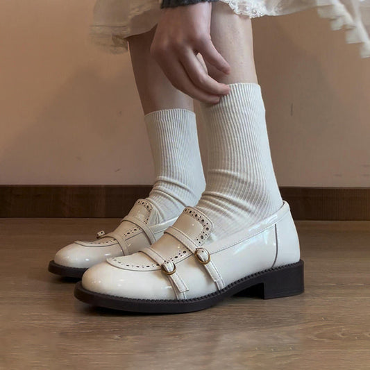 French Style Gentle White Loafers for Women with Belt Buckle Carved Slip-On Low Heel Shoes