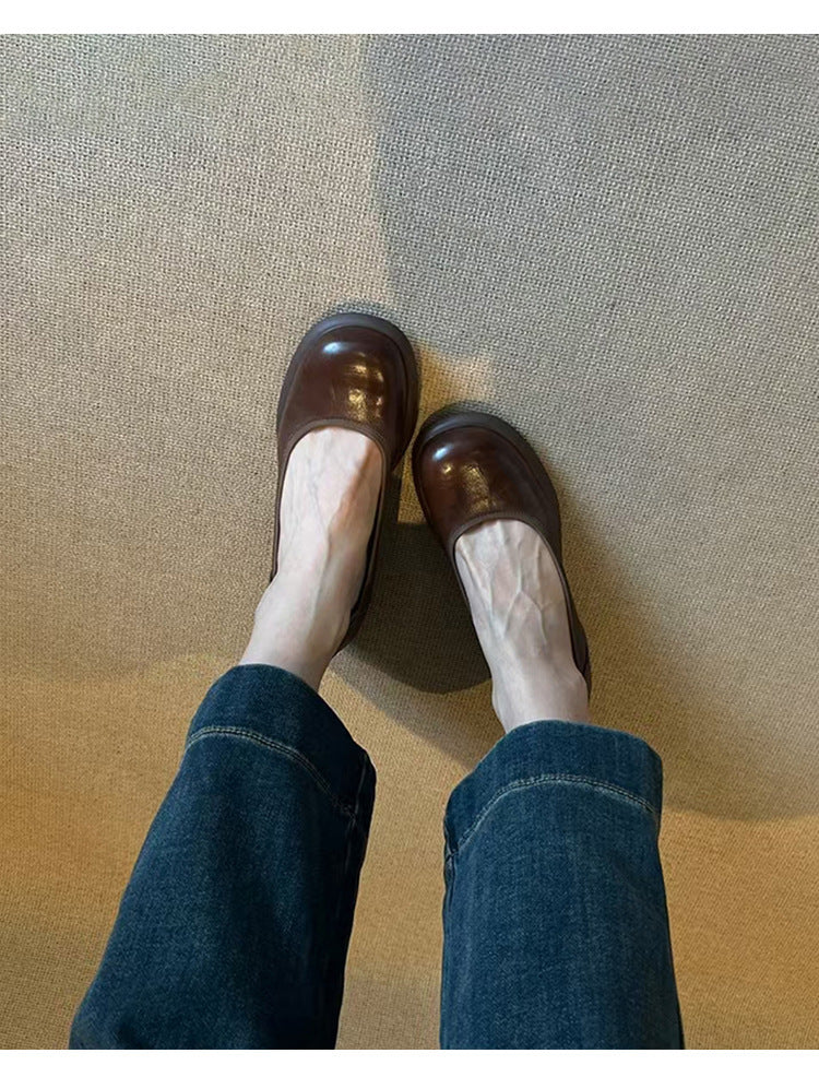 Vintage Shallow Mouth Single Shoes for Women, Round Toe, Chunky Heel, Slip-On Mary Jane Shoes, British Style Small Leather Shoes