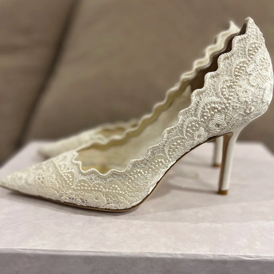2025Spring and Autumn Lace White Single Shoes Wedding Bride Shoes Women Pointed Toe Thin Heel Hollow Embroidery Mesh High Heels