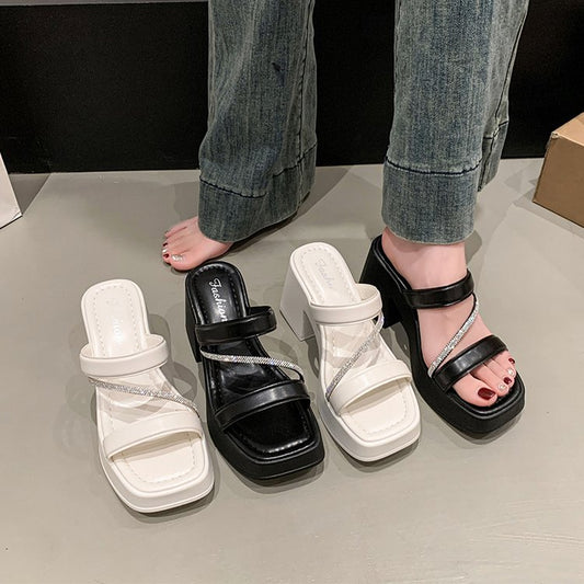 Solid Color Rubber Chunky Heel PU High Heel Slippers