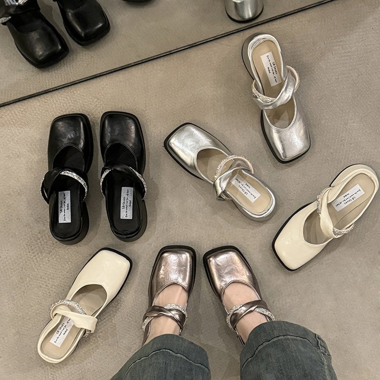 Middle Heel(3-5cm)Slippers PU Closed Toe Chunky Heel Rubber