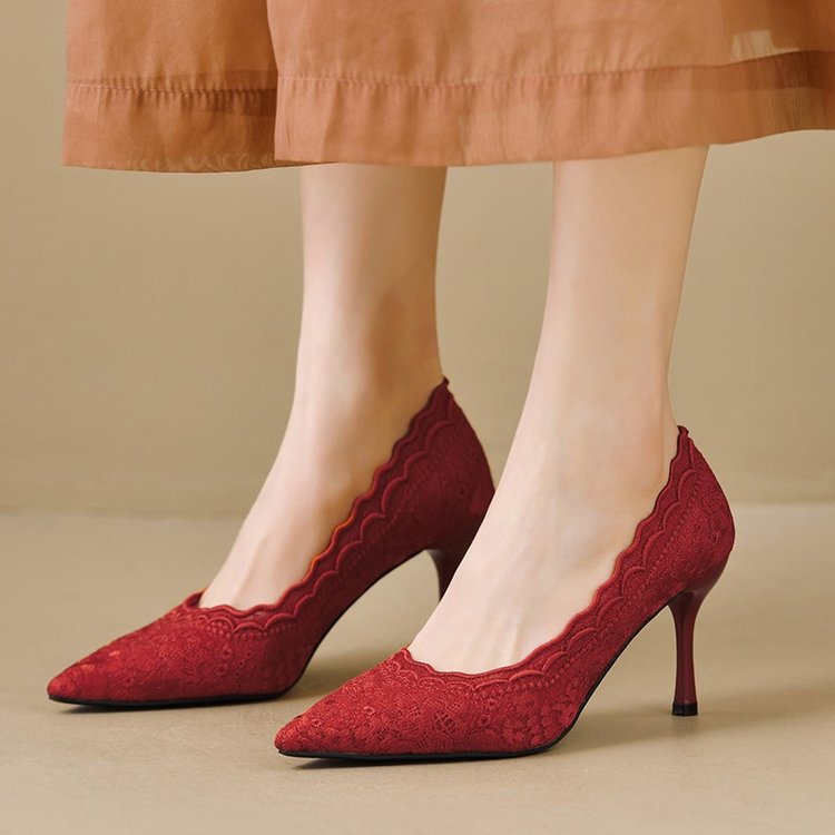 2025Spring and Autumn Lace White Single Shoes Wedding Bride Shoes Women Pointed Toe Thin Heel Hollow Embroidery Mesh High Heels