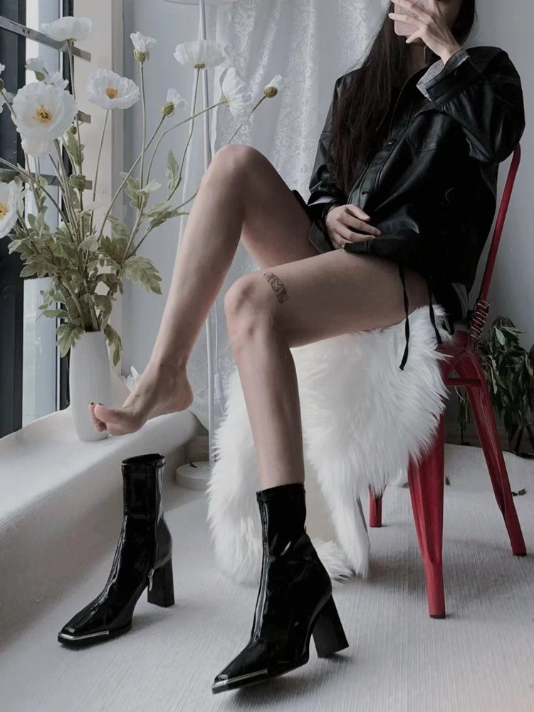 Kendall Jenner Style Short Boots for Women2023New Autumn Winter Square Toe Patent Leather Chunky Heel Short Slimming High Heel Boots