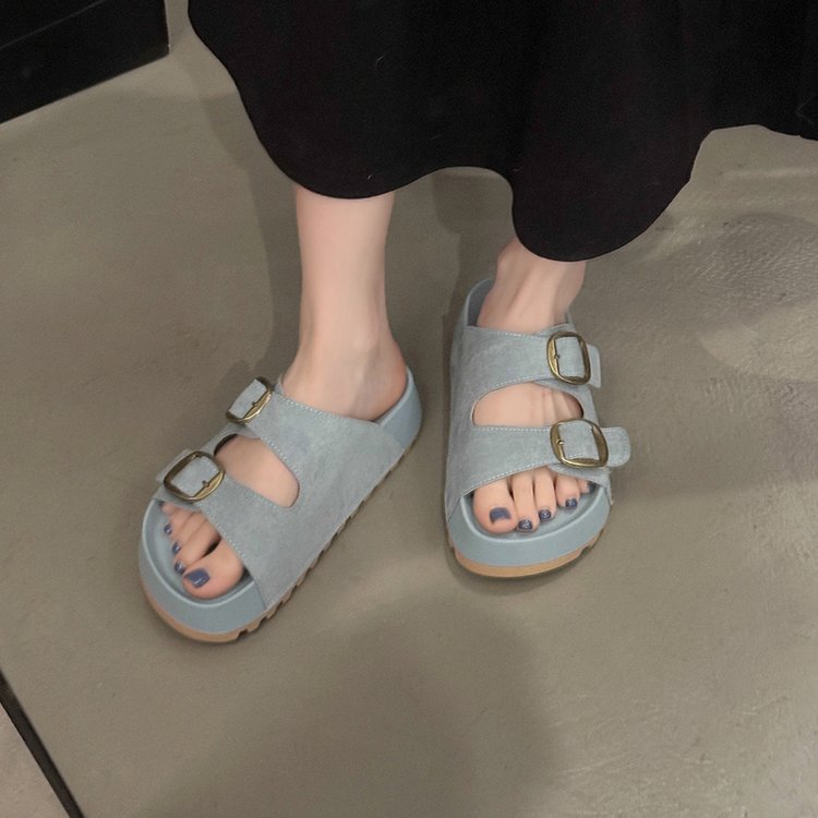 Solid Color Rubber Mid Heel(3-5cm)Platform Sole Suede Slippers