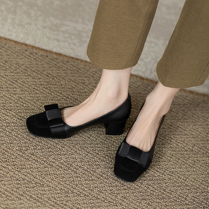 French style color-blocking high heels for women2024Spring and Autumn New Style Chunky Heel Bow Retro Mid-Heel Single Shoes
