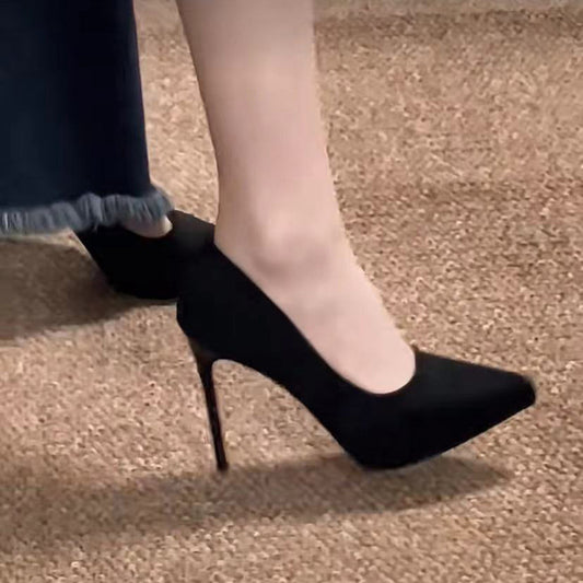 2024Autumn French Style Black Suede Pointed Toe Stiletto Thick Sole Waterproof Platform High Heels for Women, Unique Design, Suitable for Dresses, Single Shoes