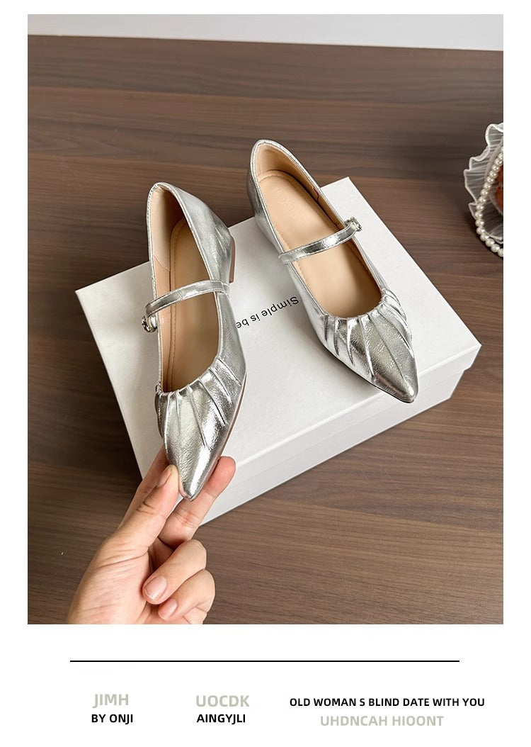 Height Increasing Insole Women's Shoes2024Summer New Retro One-Strap Mary Jane Pleated Pointed Toe Shoes