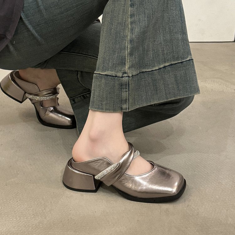 Middle Heel(3-5cm)Slippers PU Closed Toe Chunky Heel Rubber